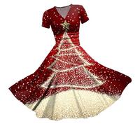 Women Christmas Dresses UK Clearance Ladies Short Sleeve/Sleeveless Santa Xmas Dresses Flared A Line 1950s Swing Dress Christmas Costume Cocktail Party Sexy Christmas Outfits Women Mrs Claus Christmas