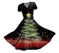 Women Christmas Dresses UK Clearance Ladies Short Sleeve/Sleeveless Santa Xmas Dresses Flared A Line 1950s Swing Dress Christmas Costume Cocktail Party Sexy Christmas Outfits Women Mrs Claus Christmas