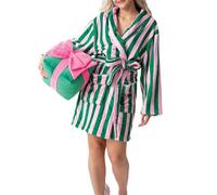 Women Christmas Dressing Gown Flannel Robe Cute Candy Stripe Print Kimono Robe Soft Fleece Warm Short Bathrobe with Belt Sleepwear (A-Green Stripe, M)