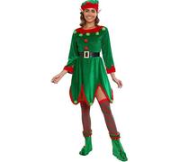 Women Christmas Elf Costumes Set Long Sleeve Velvet A Line Dress And Belt Hat Shoes Striped Stockings Holiday Party Cosplay Set (Green A, XL)