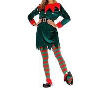 Women Christmas Elf Costumes Set Long Sleeve Velvet A Line Dress And Belt Hat Shoes Striped Stockings Holiday Party Cosplay Set (B-Multicolor, XL)