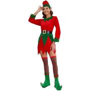 Women Christmas Elf Costumes Set Long Sleeve Velvet A Line Dress And Belt Hat Shoes Striped Stockings Holiday Party Cosplay Set (Red A, XL)