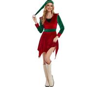 Women Christmas Elf Costumes Set Long Sleeve Velvet A Line Dress And Belt Hat Shoes Striped Stockings Holiday Party Cosplay Set (Red G, XL)