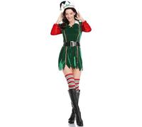 Women Christmas Elf Costumes Set Long Sleeve Velvet A Line Dress And Belt Hat Shoes Striped Stockings Holiday Party Cosplay Set (F-Green, XL)