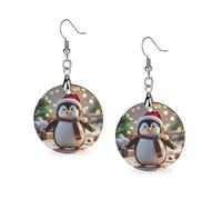 Women Christmas Funny Penguin Wooden Earrings Lightweight Dangle Earrings Geometric Drop Earring Vintage Round Retro Daily Wear Jewelry Gift for Wedding Party Graduation