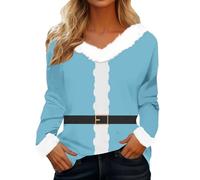 Women Christmas Jumper Funny Faux Fur Trim V Neck Pullover Long Sleeve Lightweight Jumper Loose Comfy Pullover Xmas Party Outfits Tops for Tunic Hoodie Holiday (Sky Blue, S)