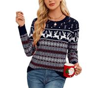 Women Christmas Jumper, Sweater Pullover Tops for Winter-Crew Neck,Rib Knit, Funny Xmas Elements-Elegant Navy Blue/S