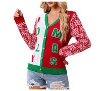 Women Christmas Knitted Sweater Fashion Casual Long Sleeve V Neck Cardigan Top Jolly Xmas Letter Prints Pullover Casual Loose Sweater Coat