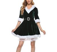 Women Christmas Mrs Santa Claus Costume Lingerie Dress Fancy Dress Xmas Outfit Velvet Layered Mash Hem Hooded Tutu Dress (C-Green, M)