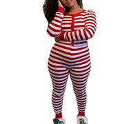 Women Christmas One Piece Deep V-Neck Jumpsuit Button Bodycon Romper XMAS Pajamas Sleepwear Bodysuit (Stripe Red, L)