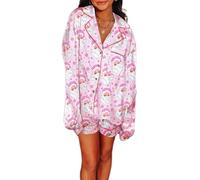 Women Christmas Pajama Set Santa Claus Pjs Long Sleeve Button Down Shirt Shorts 2 Piece Xmas Jammies Loungewear (A-Multi, M)
