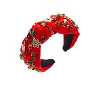 Women Christmas Pearl Headband Knotted Crystal Jeweled Top Knot Hairbands Festive Holiday Headband (Red, 20cm*10cm*13.5cm)