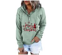 Women Christmas Print Drawstring Long Sleeve Buttoned Blouse Pullover Ladies Tunic Plus Size, Mint Green, 3XL