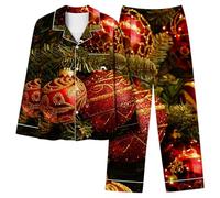Women Christmas Pyjamas Sets Long Sleeve Sleepwear 2 Piece Pj Set Button Down Shirt and Long Pants Set Xmas Tree Cute Santa Snowman Loungewear Cozy Soft Loung Wear Sets Party Festival Xmas Pjs