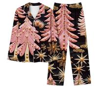 Women Christmas Pyjamas Sets Long Sleeve Sleepwear 2 Piece Pj Set Button Down Shirt and Long Pants Set Xmas Tree Cute Santa Snowman Loungewear Cozy Soft Loung Wear Sets Party Festival Xmas Pjs