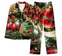 Women Christmas Pyjamas Sets Long Sleeve Sleepwear 2 Piece Pj Set Button Down Shirt and Long Pants Set Xmas Tree Cute Santa Snowman Loungewear Cozy Soft Loung Wear Sets Party Festival Xmas Pjs