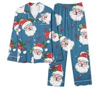 Women Christmas Pyjamas Sets Long Sleeve Sleepwear 2 Piece Pj Set Button Down Shirt and Long Pants Set Xmas Tree Cute Santa Snowman Loungewear Cozy Soft Loung Wear Sets Party Festival Xmas Pjs