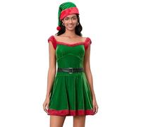 Women Christmas Santa Mini Dress Sleeveless Deluxe Velvet Sexy Mrs Claus Costume Belted Velvet Dress Santa Hat Set (A-Green, XL)