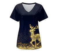 Women Christmas Scrubs Nurses Top V Neck Christmas Doctors Hospital Care Work Shirt Spa Nail Salons Scrub Tops Xmas Graphic V Neck Cute Printed Mock Wrap Care Work Shirt Carers Uniform Black