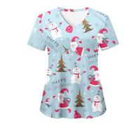 Women Christmas Scrubs Top V-Neck Short Sleeve Xmas Cute Print Work Tunics Dog Cat Grooming Beauty Tunic Uniform Doctors Hospital Health Care Salon Spa Nail Workers Care Uniform with Pockets