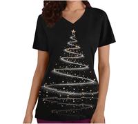 Women Christmas Scrubs Uniforms Wrap Mock Xmas Graphic Short Sleeve Work Tops Beauty Salon Uniform Tunics Christmas Workwear V Neck Utility Shirt Doctors Hospital Healthcare Spa Nail Salons M