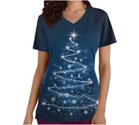 Women Christmas Scrubs Uniforms Wrap Mock Xmas Graphic Short Sleeve Work Tops Beauty Salon Uniform Tunics Christmas Workwear V Neck Utility Shirt Doctors Hospital Healthcare Spa Nail Salons XXL