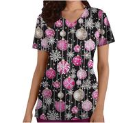 Women Christmas Scrubs Uniforms Wrap Mock Xmas Graphic Short Sleeve Work Tops Beauty Salon Uniform Tunics Christmas Workwear V Neck Utility Shirt Doctors Hospital Healthcare Spa Nail Salons S