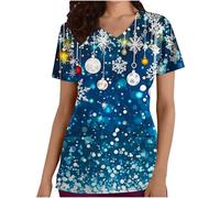 Women Christmas Scrubs Uniforms Wrap Mock Xmas Graphic Short Sleeve Work Tops Beauty Salon Uniform Tunics Christmas Workwear V Neck Utility Shirt Doctors Hospital Healthcare Spa Nail Salons M