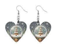 Women Christmas Snow Globe Wooden Earrings Lightweight Dangle Earrings Geometric Drop Earring Vintage Heart-Shaped Retro Daily Wear Jewelry Gift for Wedding Party Graduation