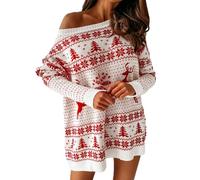 Women Christmas Sweater Knitted Crew Neck Long Sleeve Oversized Thick Sweater Coat, White, M