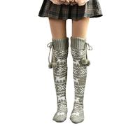 Women Christmas Thigh High Socks Mrs Claus Reindeer Long Knit Over the Knee Socks Christmas Warm Stockings (B-Grey, ONE SIZE)