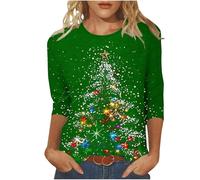 Women Christmas Tree T-Shirts Xmas Graphic 3/4 Sleeve Tees Illustrations Pullover Tops Crew Neck Tshirts Ugly Pattern Base Layer Longline Shirts Holiday Party Casual Daily Wear Green