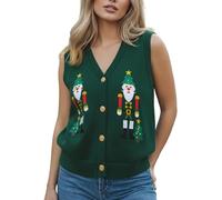 Women Christmas Vest Ugly Christmas Sweater Vest Embroidery Santa Print Sleeveless Cardigan Knit V Neck Vest Top Waistcoat Gilets (C-Dark Green, S)