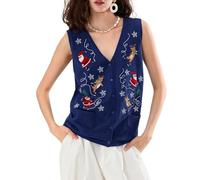 Women Christmas Vest Ugly Christmas Sweater Vest Embroidery Santa Print Sleeveless Cardigan Knit V Neck Vest Top Waistcoat Gilets (A-Blue, L)