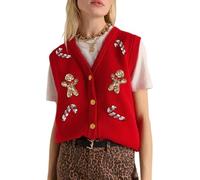 Women Christmas Vest Ugly Christmas Sweater Vest Embroidery Santa Print Sleeveless Cardigan Knit V Neck Vest Top Waistcoat Gilets (B-Red, L)