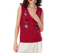 Women Christmas Vest Ugly Christmas Sweater Vest Embroidery Santa Print Sleeveless Cardigan Knit V Neck Vest Top Waistcoat Gilets (A-Multicolor, S)