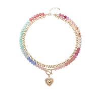 Women Chunky Double Layered Beaded Necklace, Rainbow Gradient Color Stone Bead Chunky Necklace with Heart Toggle Pendant, Casual Statement Jewelry for Daily Beach Party Outfits