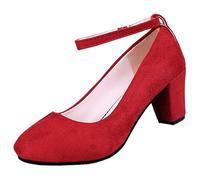 Women Chunky Platform Mary Jane Shoes Womens Pointed Toe Heeled Shoes Retro Buckle Suede High Dress Heels Thick with Medium Heel Shallow Mouth Sandals Casual Smart Pumps for Office Work Red