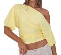 Women Cinched Waist Crop Top Y2K Off The Shoulder Short Sleeve T-Shirt Going Out Ruched Tees Summer Basic Blouse (Yellow, XL)