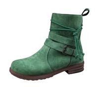 Women Classic Ankle Boots Buckle Decor Tie Side Faux Suede Boots Winter Warm Cotton Flats Heel Hardwearing Sole for Date Night Club Casual Single Boots Green