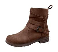 Women Classic Ankle Boots Buckle Decor Tie Side Faux Suede Boots Winter Warm Cotton Flats Heel Hardwearing Sole for Date Night Club Casual Single Boots Brown