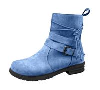 Women Classic Ankle Boots Buckle Decor Tie Side Faux Suede Boots Winter Warm Cotton Flats Heel Hardwearing Sole for Date Night Club Casual Single Boots Blue