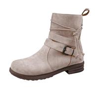 Women Classic Ankle Boots Buckle Decor Tie Side Faux Suede Boots Winter Warm Cotton Flats Heel Hardwearing Sole for Date Night Club Casual Single Boots Khaki