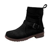 Women Classic Ankle Boots Buckle Decor Tie Side Faux Suede Boots Winter Warm Cotton Flats Heel Hardwearing Sole for Date Night Club Casual Single Boots Black