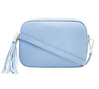 Women Classic Design Lightweight Genuine Italian Leather Crossbody Shoulder Handbag Practical Ladies Casual Camera Handbag With Tassel Charm (Rose Gold) (Light Blue)