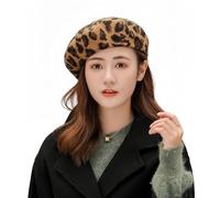 Women Classic Leopard Print French Wool Beret Hat Painting Artist Classic Leopard Print Beret Hat Soft Stretchy Warm Fashion Cap for Autumn Winter Brown