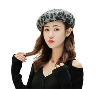 Women Classic Leopard Print French Wool Beret Hat Painting Artist Classic Leopard Print Beret Soft Stretchy Warm Fashion Beret Cap for Autumn Winter Grey