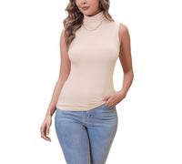 Women Classic Polo Neck Sleeveless Pullovers Elegant Turtleneck Tops Basic Undershirt Slim fit(Thickness: Thin)-Beige/M