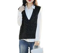 Women Classic V-Neck Wool Vest Loose Sleeveless Knitting Pullover with Sequin Decoration Black M