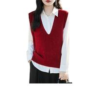 Women Classic V-Neck Wool Vest Loose Sleeveless Knitting Pullover with Sequin Decoration Red XL